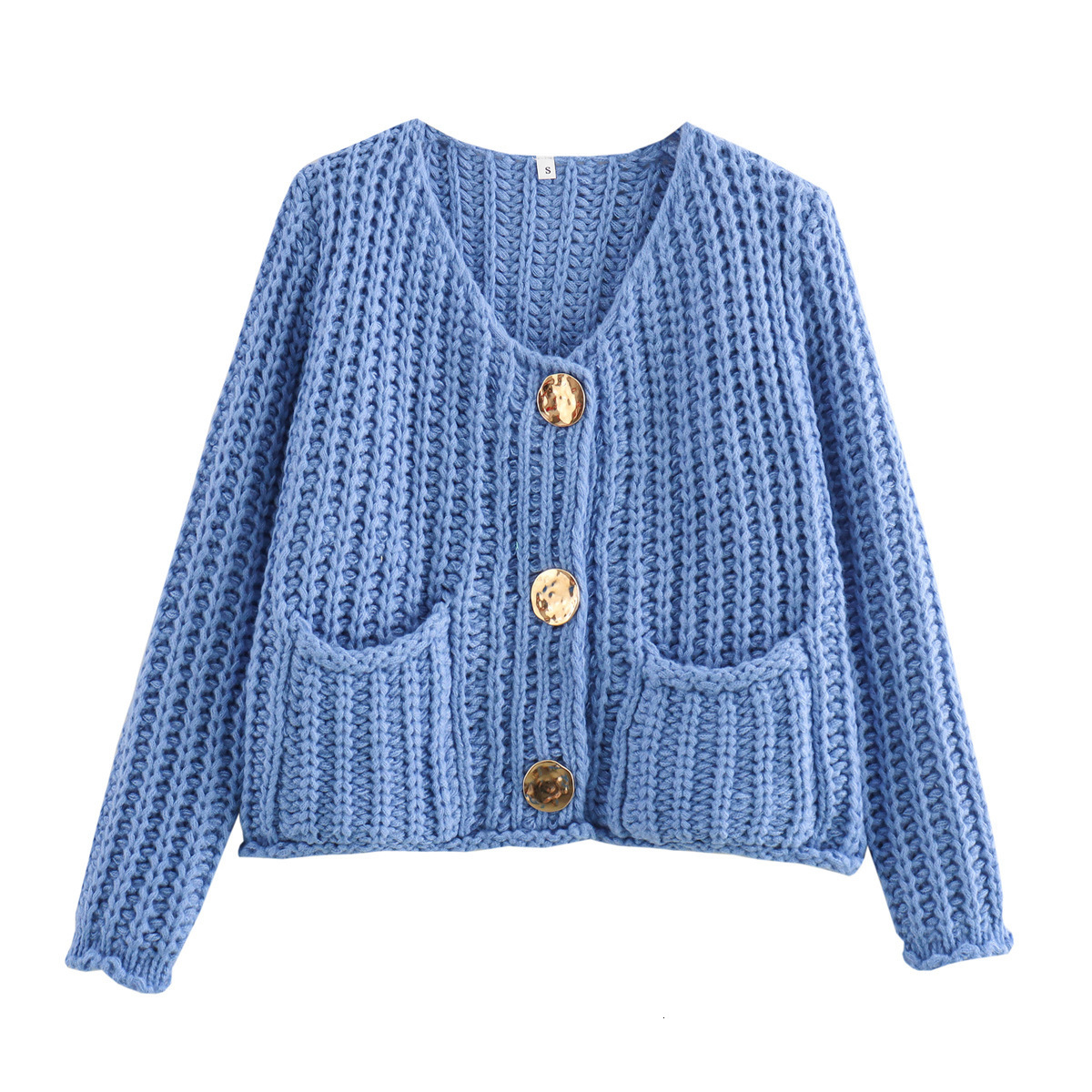 2024 women's solid color single breasted double pocket short coarse knitted sweater jacket B66004