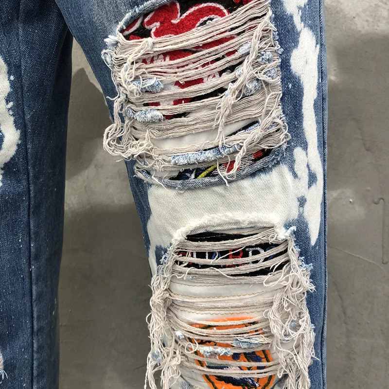 Slim Fit Denim Punk Jeans Streetwear Broken Hole Patch Skinny Trouser Quality Men High Street Denim Patchwork Stretch Jean 240821