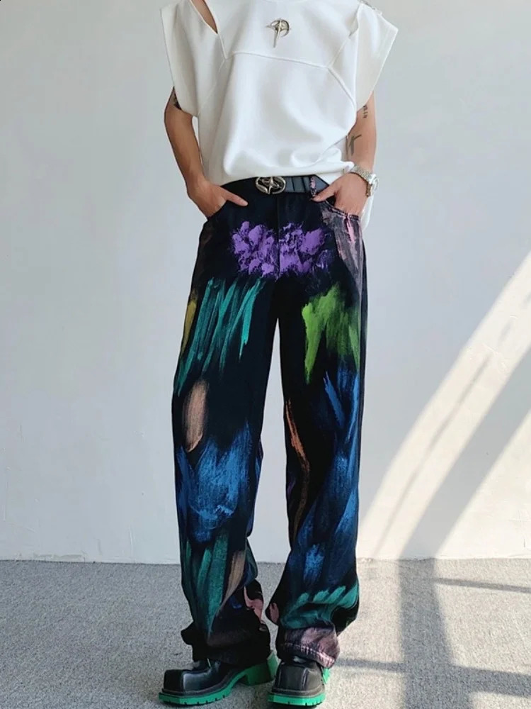 Oldschool hand-painted oil painting jeans with colorful paint style high-end pants trendy floor mops 240821