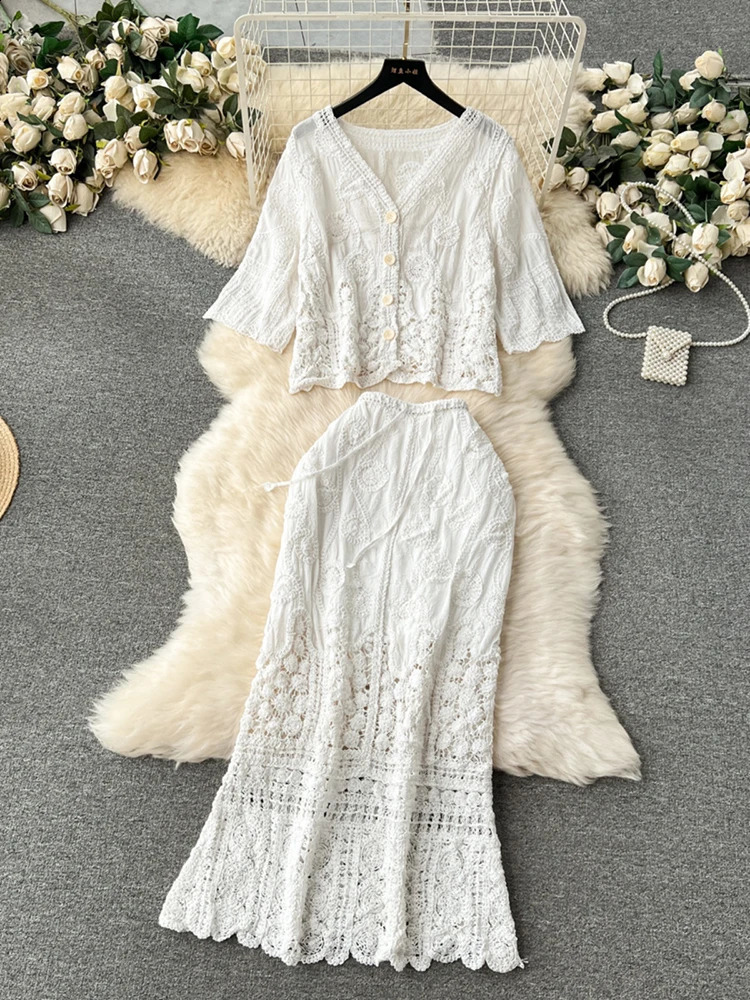 XFPV Women Bohemian Holiday Style Crochet Single Breasted Coat Elastic Waist Hollow Out Skirt Two Piece Set Spring SM10388 240820