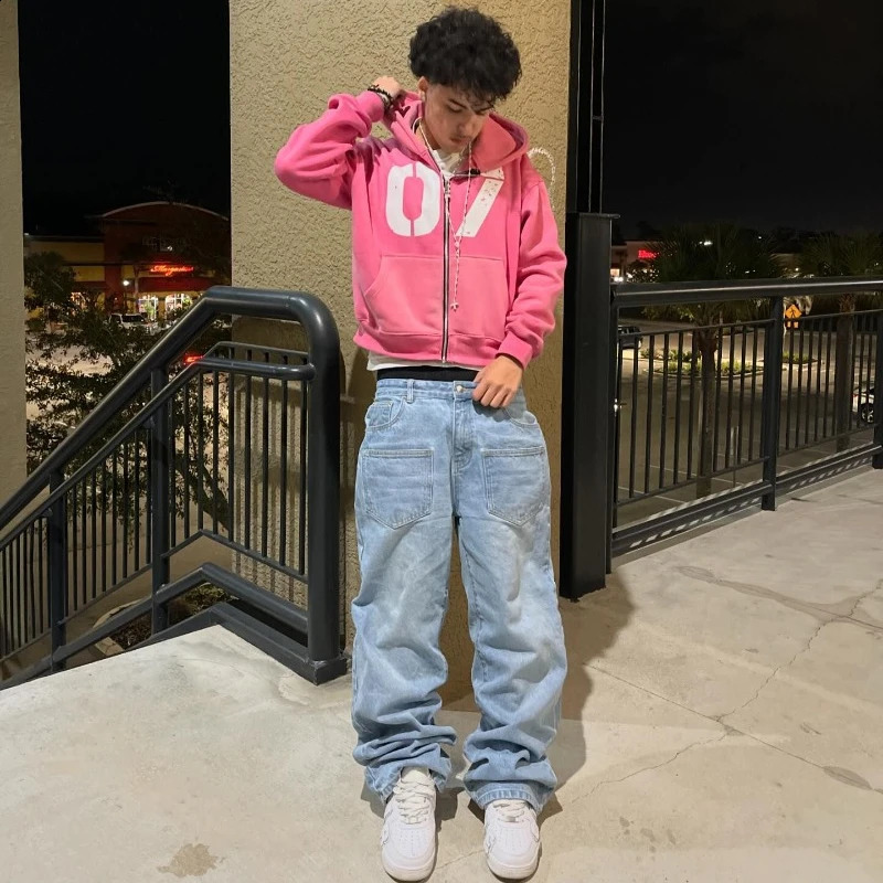 Y2K pants men Baggy Harajuku cherry blossom print pattern jeans Hip Hop streetwear men women gothic Casual wide leg Denim Pants 240821