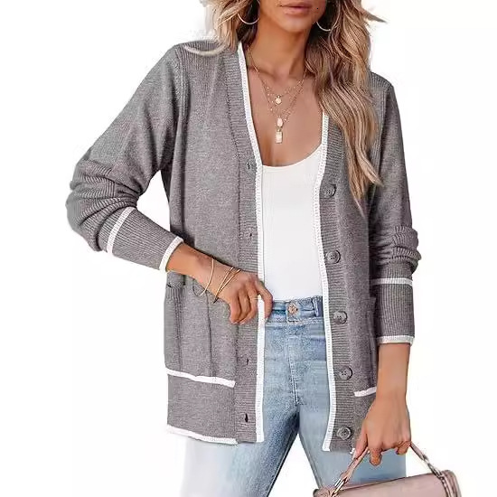 2024 Temu Xiyin Autumn/Winter New Women's Knitted Button Coat Color blocked Sweater Pocket cardigan
