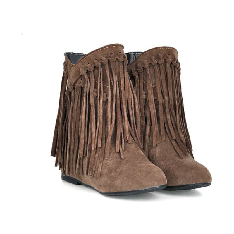 Lady High Increasing Heel Boots Short Tassel Bootie With Fur For Winter And Autumn Chunky Sole Women Warm Shoes Plus Size Brown