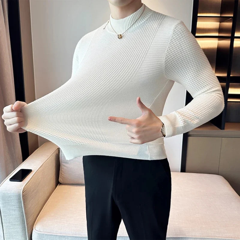 3 Color Men British Style Fall Winter Slim Dark Pattern Half High Neck Pure Color Knit Pullovers Mens Slim-fit Sweater Base 240821