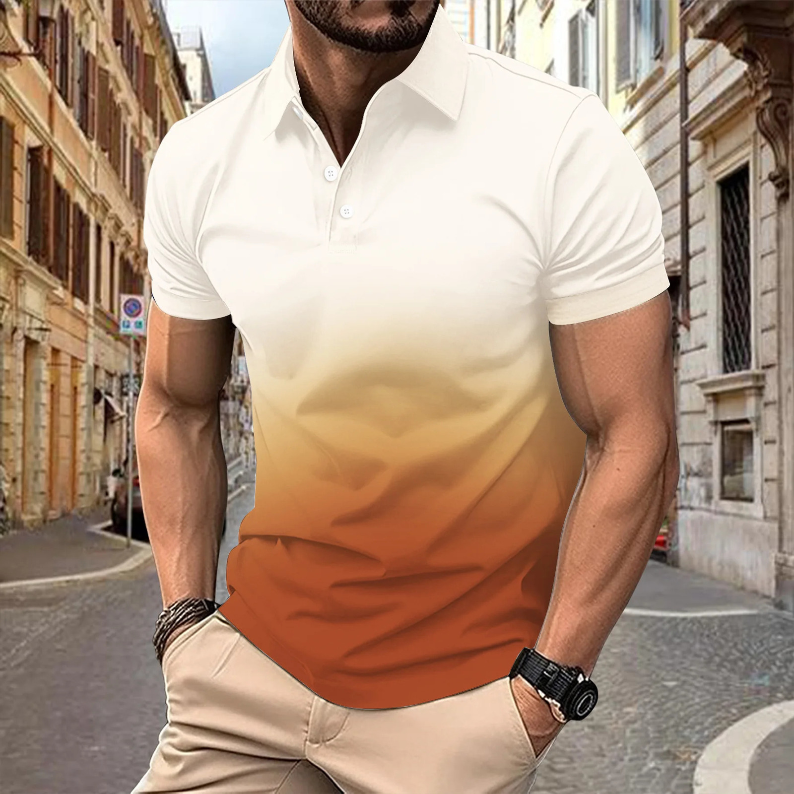 Spring and Autumn Mens Casual Sports T-shirt European and American Summer Collar 3D Gradient Short Sleeve Mens Polo Shirt 240821