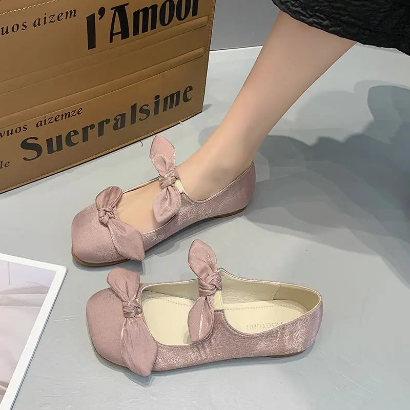 Shoes for Women Flats with Bow Ladies Summer Footwear Pink Kawaii Square Toe Cute Flat on Offer Promotion Vacation E Spring 240820