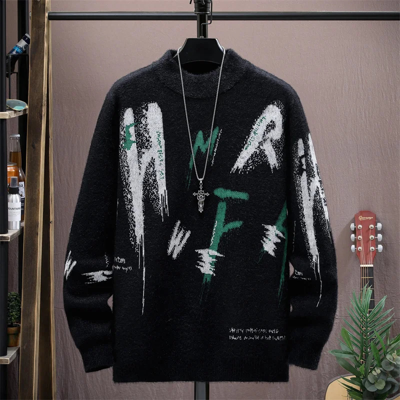 Winter Plaid Mink Cashmere Sweater Men Half Turtleneck Mens Sweaters Top Quality Pull Homme Thick Warm Pullover Men 240821