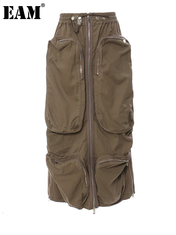 EAM High Elastic Waist Brown Pocket Zipper Long Casual Half-body Skirt Women Fashion Spring Autumn 1DE9890 240820