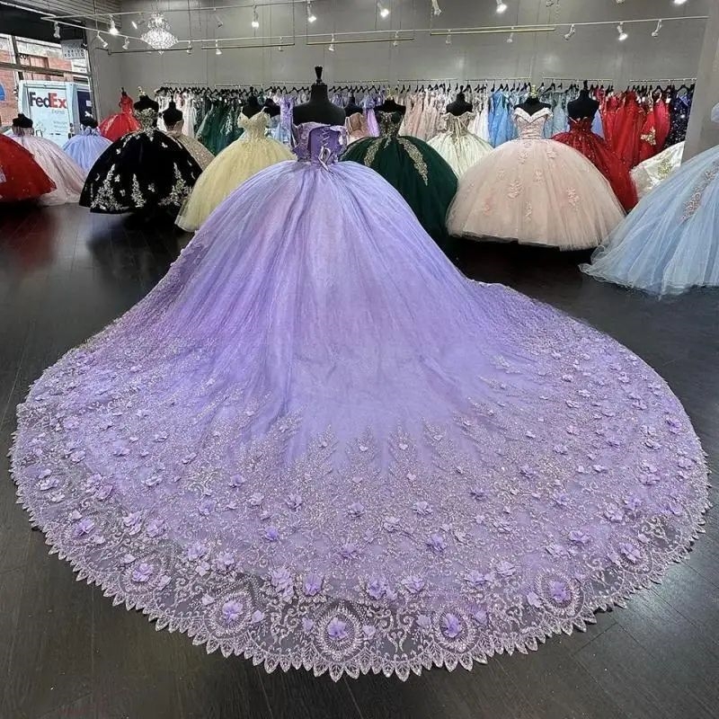 Luxury Lavender Shiny Quinceanera Dresses Sweetheart Sequin Applique Lace Beads Crystal Tull 2025 Sweep 16 Dress Vestido De 15 anos