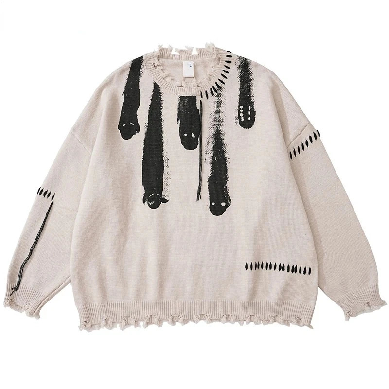 Streetwear Knitted Sweaters Men Hip Hop Y2K Grunge Ripped Ghost Print Gothic Jumpers Autumn Oversize Pullover Harajuku Sweater 240821
