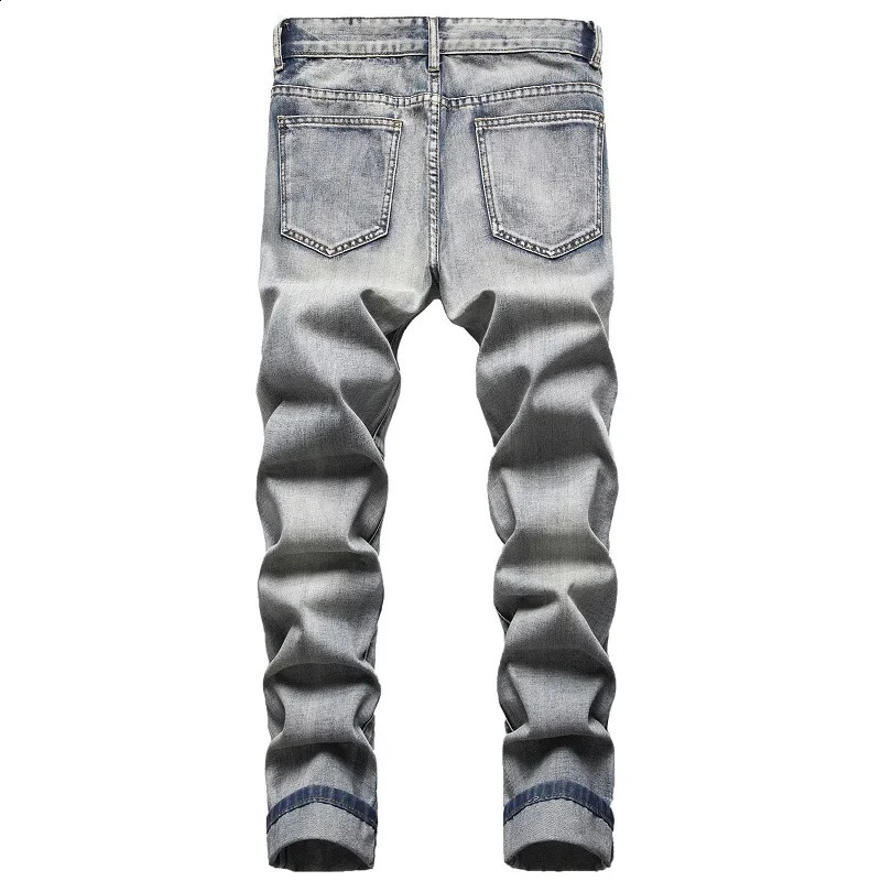 Mens Nostalgic Ripped Jeans Embroidered Straight-leg Slim Fit Male Casual Colorblock Denim Trousers Mens Pants 240821