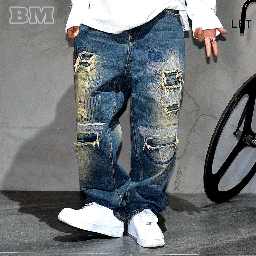 American Streetwear Ripped Patch Jeans Hip Hop Baggy Jeans Mens Clothing Vintage Denim Cargo Pants Japanese Harajuku Trousers 240821