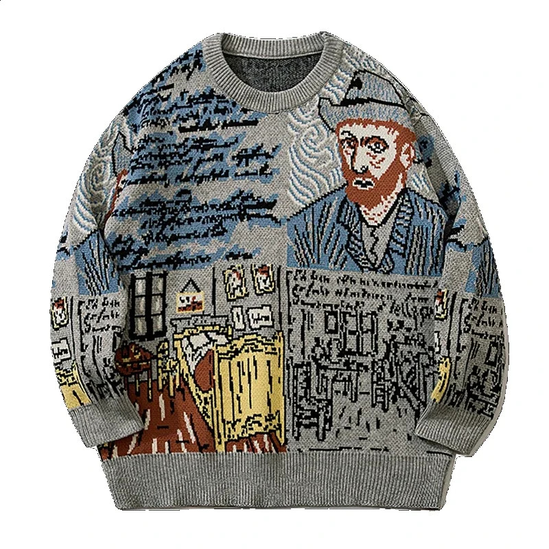 Vintage Cartoon Sweater Men Harajuku Knitted Character Sweater Cacual Knitwear Jacquard O Neck Pullover Men Clothes Unisex 240821