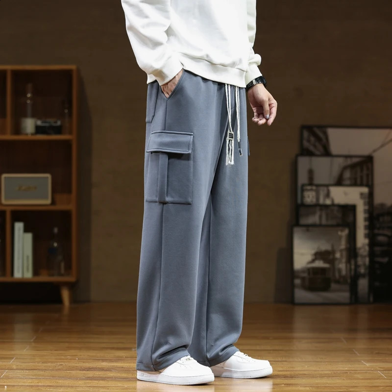 Autumn sports pants cotton mens backpack jogging cargo Korean neutral breathable loose outdoor solid color wide leg Trouser 240821