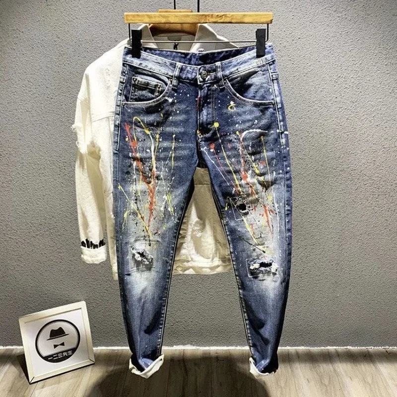 Trousers Star Man Cowboy Pants Cropped Elastic Mens Jeans Stretch Light Blue with Print Clothes Y2k 2000s Spring Autumn Washed 240821