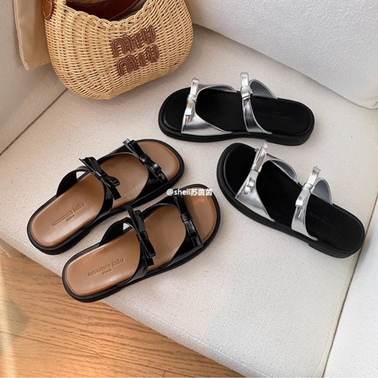 Ddmysports Suyin Same Oliday Bowtie Flat Bottom Beach Casual Women S Genuine Leather Slippers For Summer Outwear OUTDOOR