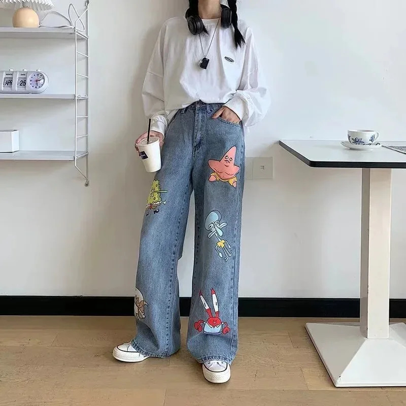 Men and Women Straight Loose Autumn Korean Style Cartoon Printed Jeans Pants Street Hip-hop Handsome Nine-point Pants Fashion 240821