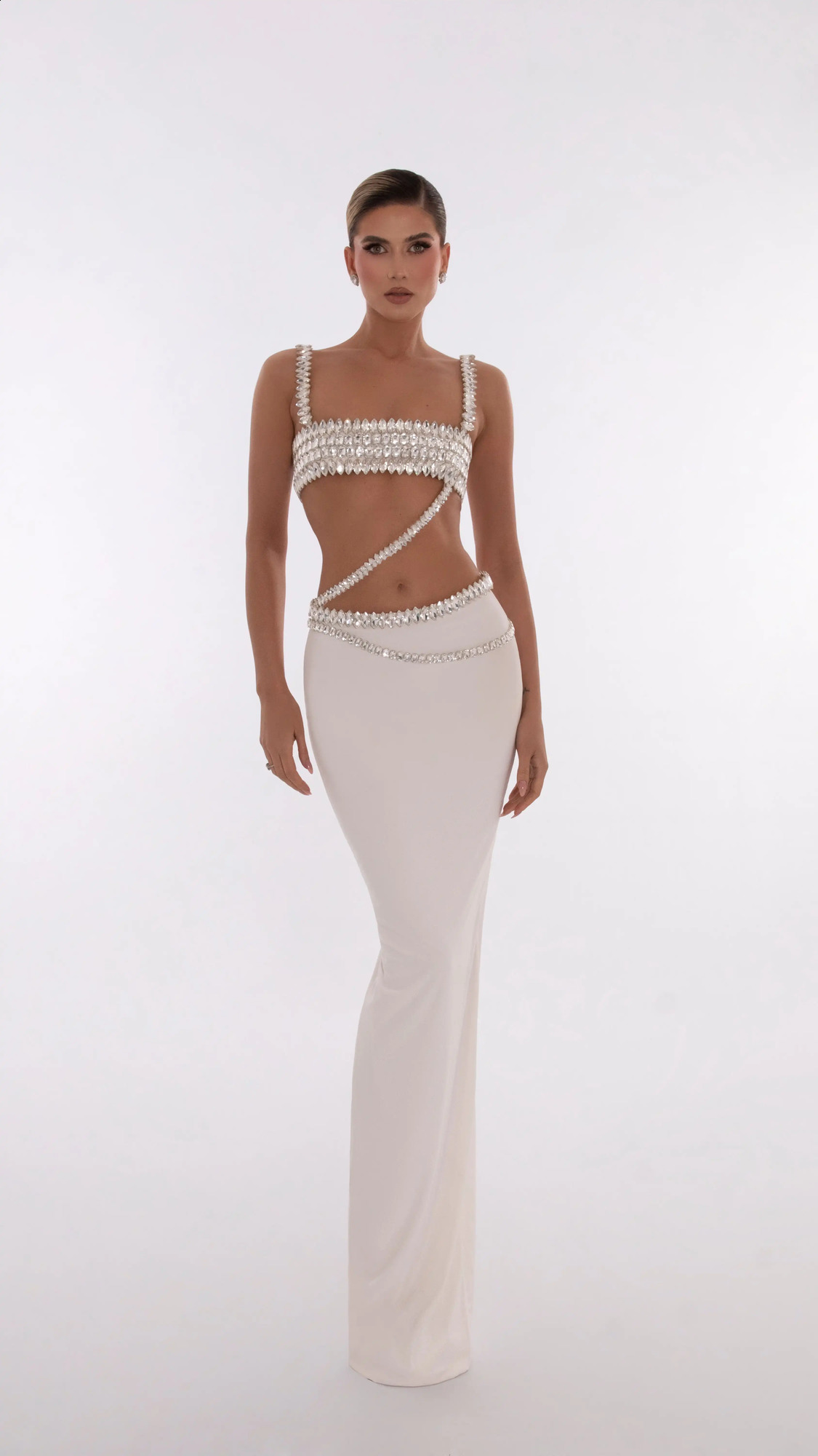 White Womens Sexy Square Neck Shining Crystal Hole Body Bandage Long Dress Celebrating Evening and Birthday 240820