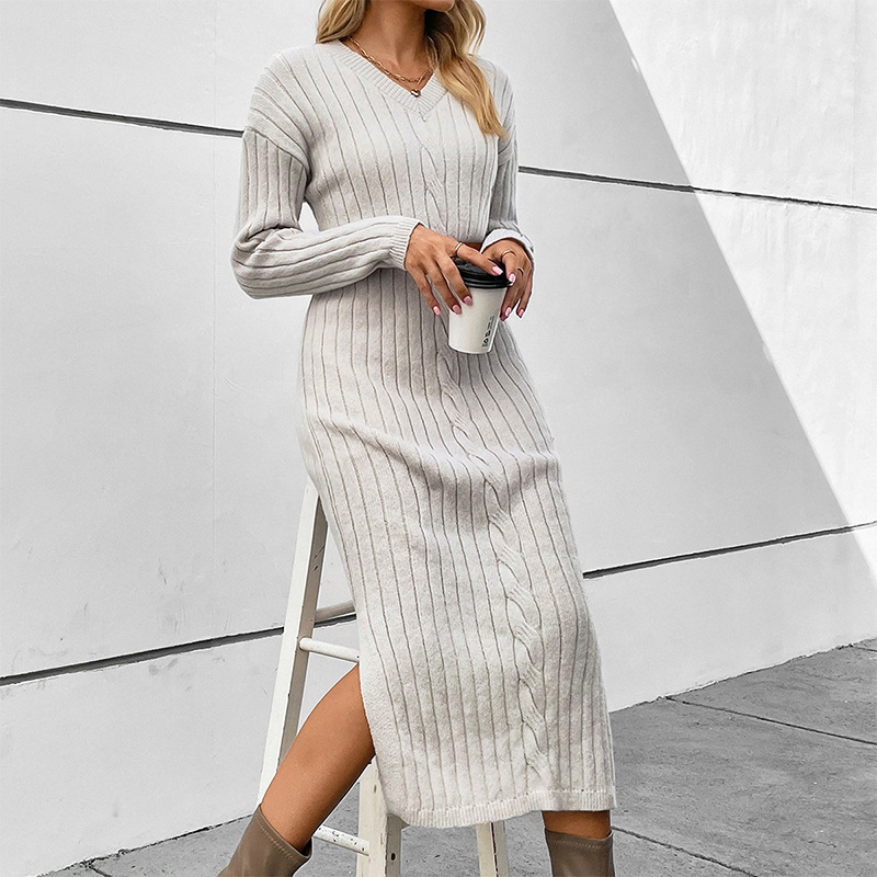 New autumn and winter women's sweater dress, French style western-style V-neck low slit knit skirt with inner lining