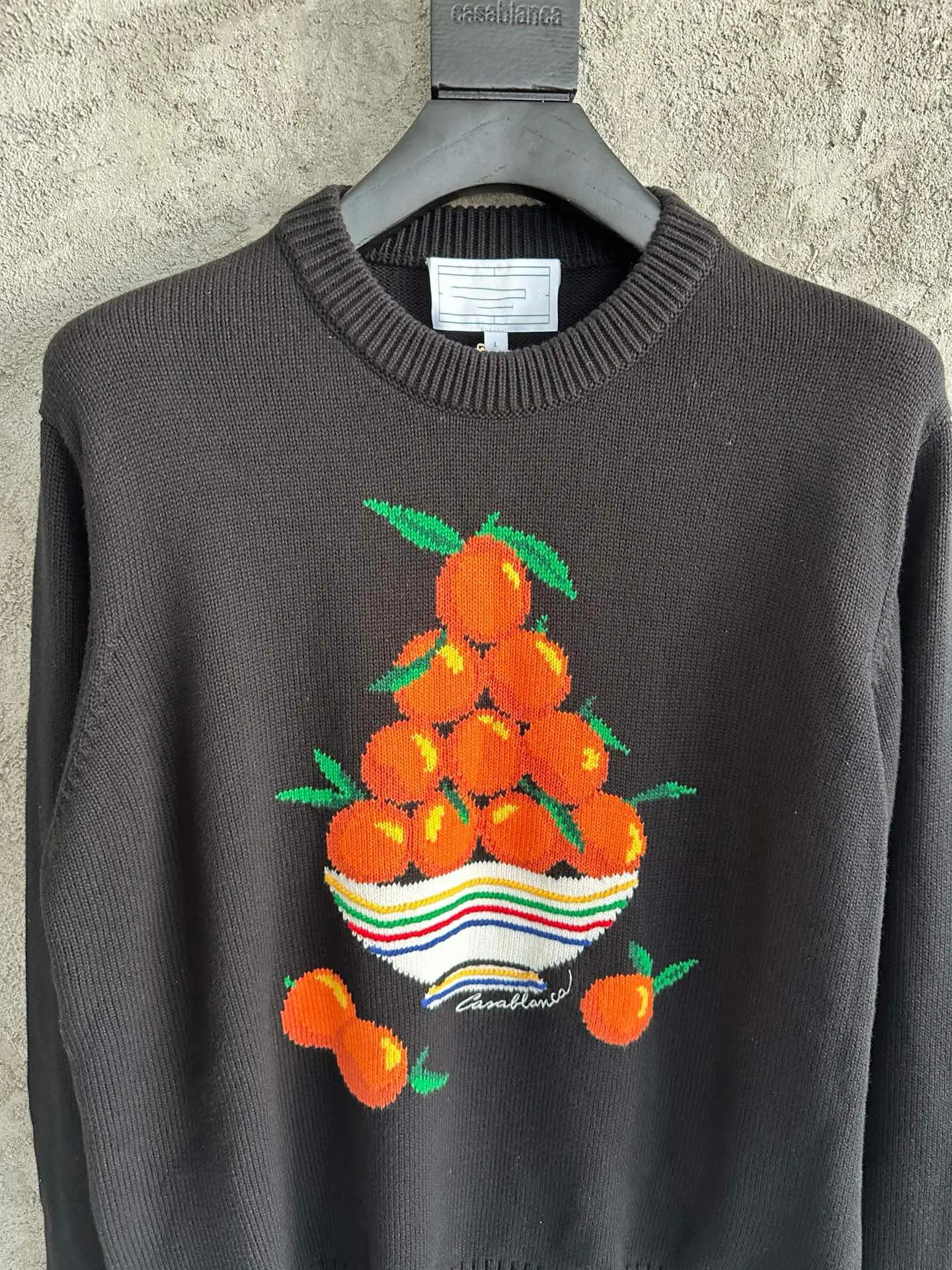 men fruit prints round neck black cotton sweater 240821