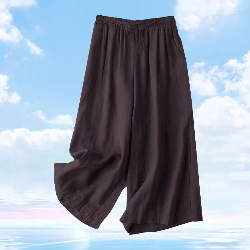 Women's Pants Summer Cotton Linen Wide Leg Cropped Women Calf Length Casual Female Solid Loose High Waist Straight Trouser