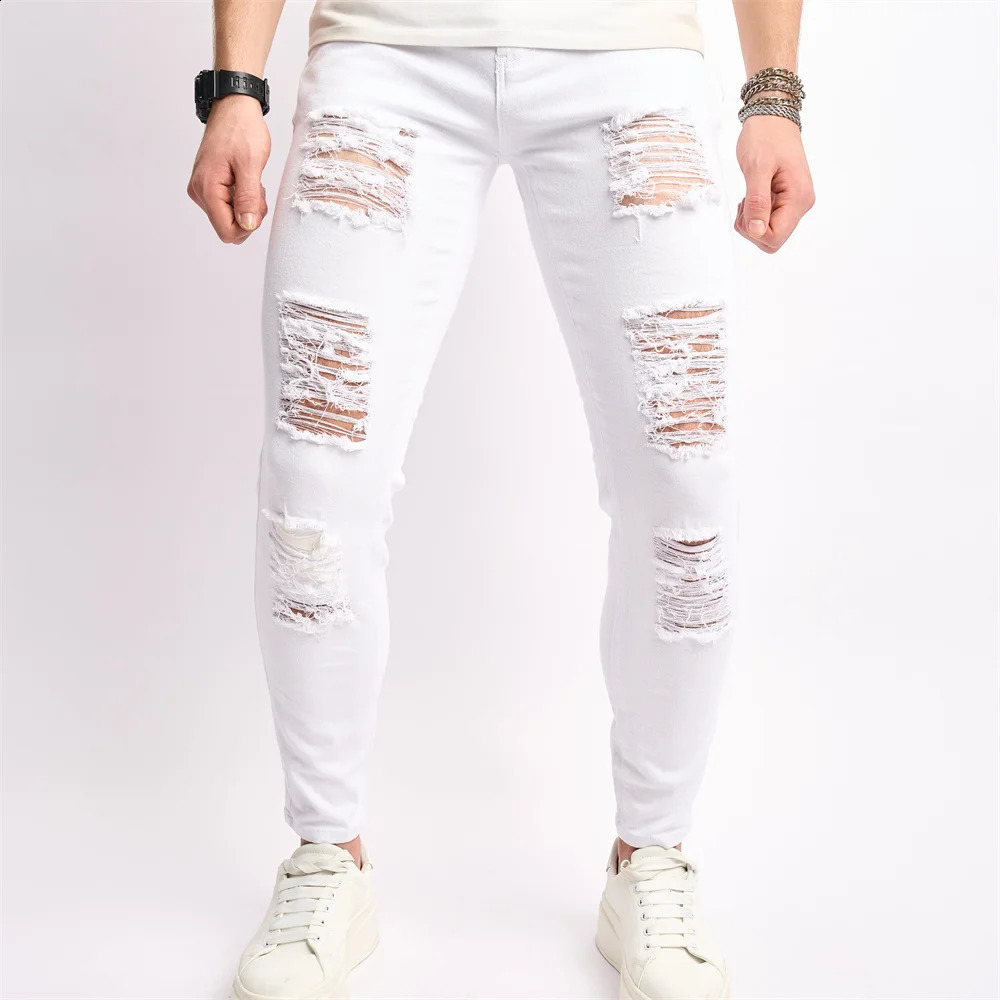Stylish Holes Distressed Street Style Men Skinny Jeans Male Stretch Slim Trousers Solid Ripped Pencil Denim Pants 240821