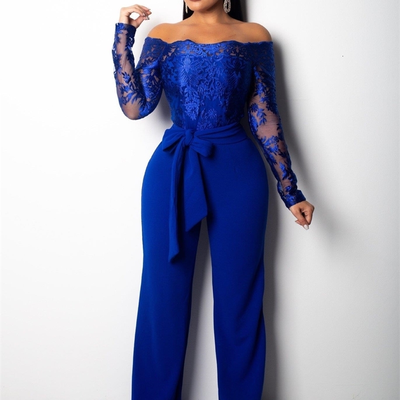 Womens Elegant Off Shoulder Long Pants Wide Leg Jumpsuits Floral Embroidery Lace See Through Cocktail Club Party Evening Rompers 240820