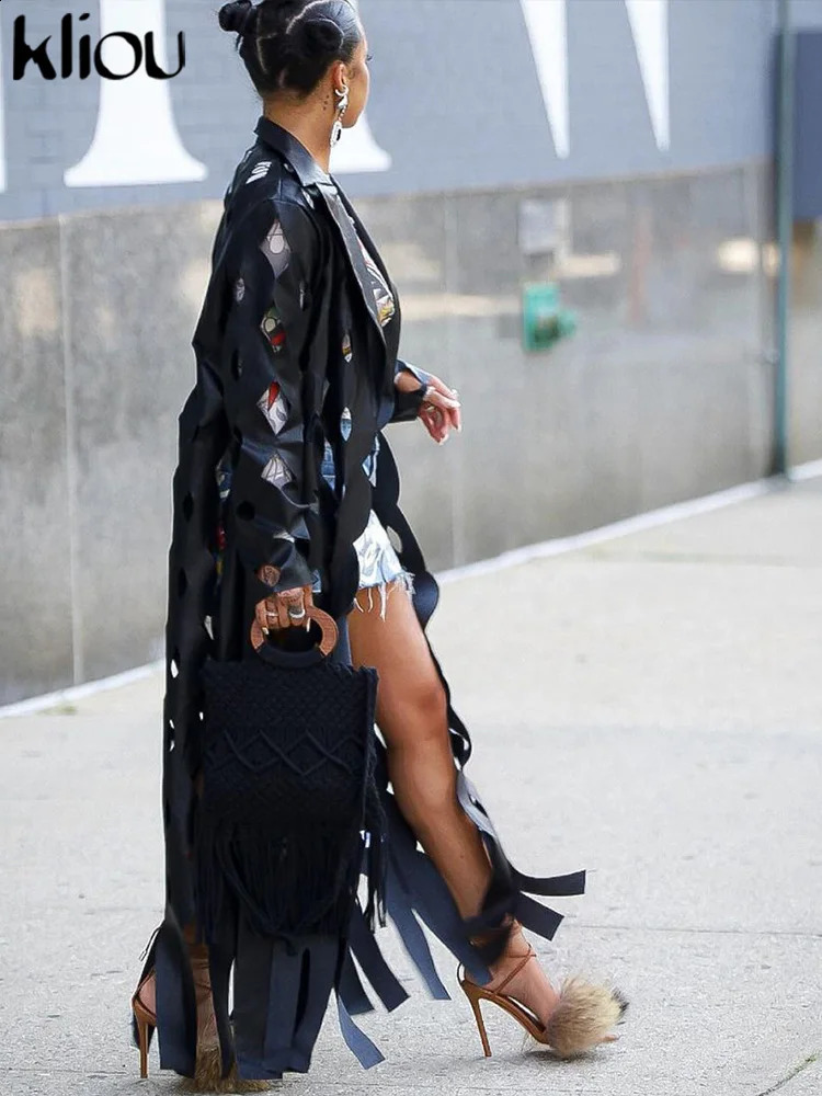 kliou Leather Hollow Out Jacket Autumn Full Sleeve Lapel Tassel Long Coats Solid AllMatched Unique Lady Trend Streetwear 240820