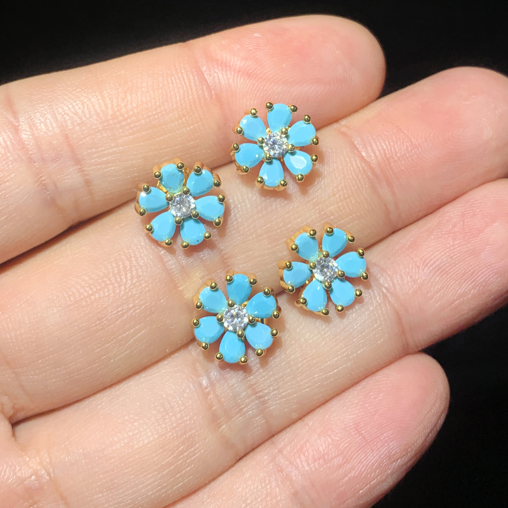 Minimal Delicate Flower Shaped Stud Earring Micro Pave Blue Turquoises White CZ Stone Fashion Women Multi Piercing Bling Jewelry