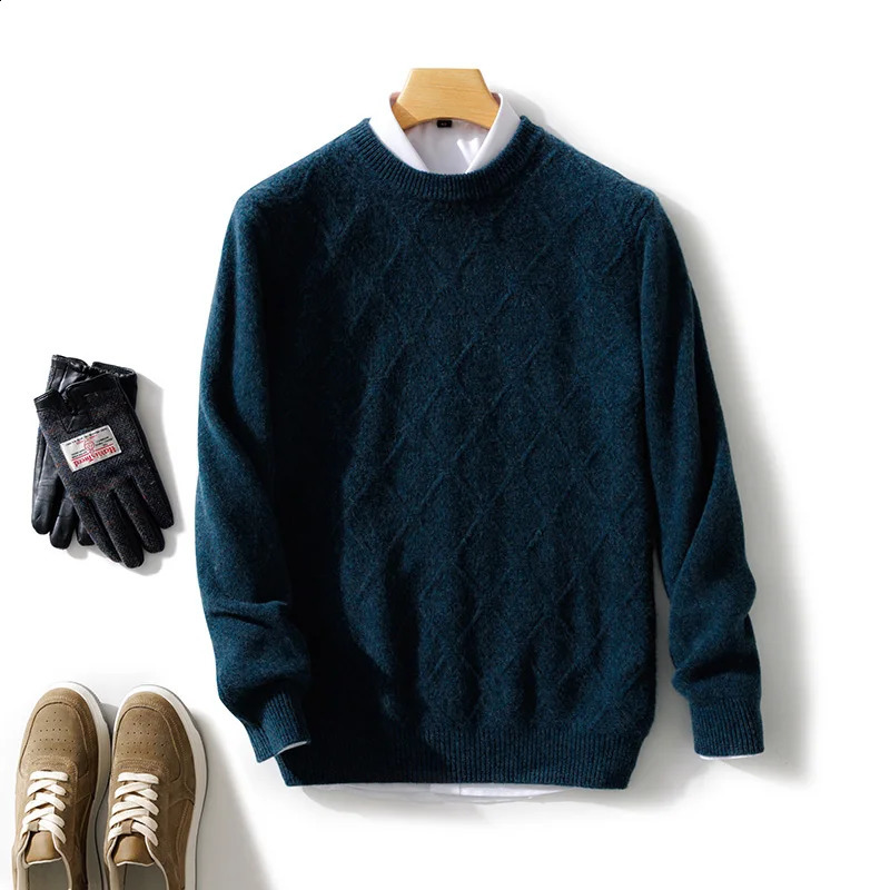 Mens O-neck Diamond Grid Pullover 100% Pure Cashmere Wool Soft Sweater Autumn Winter Casual Thick Basis Large Size Top 240821