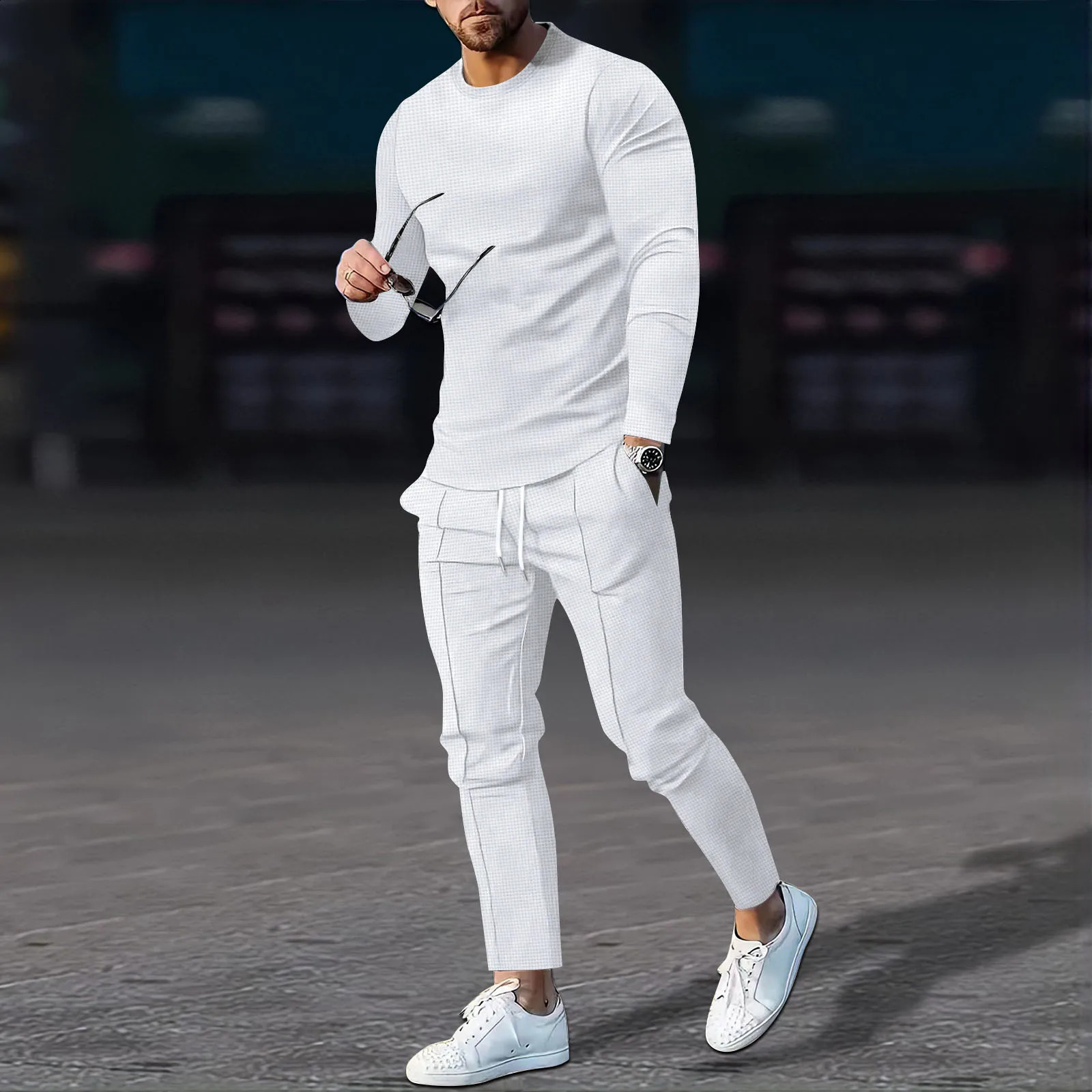 Autumn mens solid color suit waffle round neck long sleeved mens suit 240827