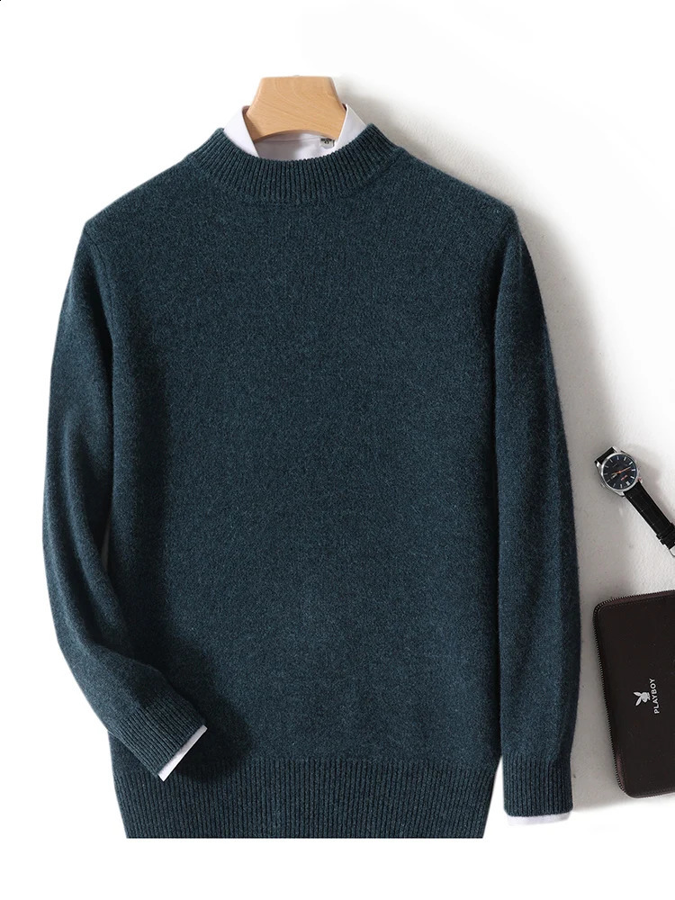 Mens Mock Neck Long Sleeve Pullover Sweater Autumn Winter Thick Basic Smart Casual Jumper 100% Merino Wool Knitwear Tops 240821