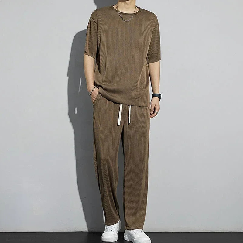T Shirt Man No Sports Suits Grey Sweatshirt Smooth Mens Clothing Plain Top Tracksuit Pants Sets 5xl Elastic Matching Basic 240821