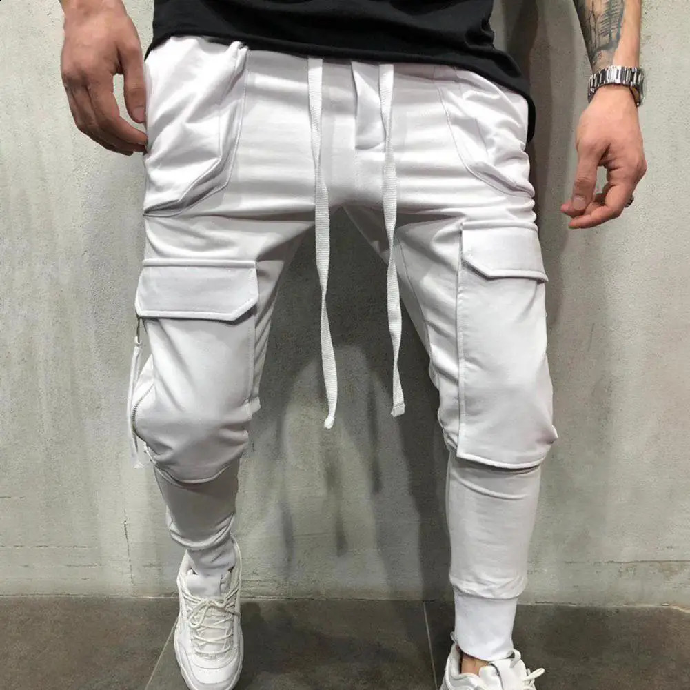 Multi Pockets Elastic Waist Training Trousers Ribbed Ankle Solid Color Drawstring Men Cargo Pants Workwear 240821
