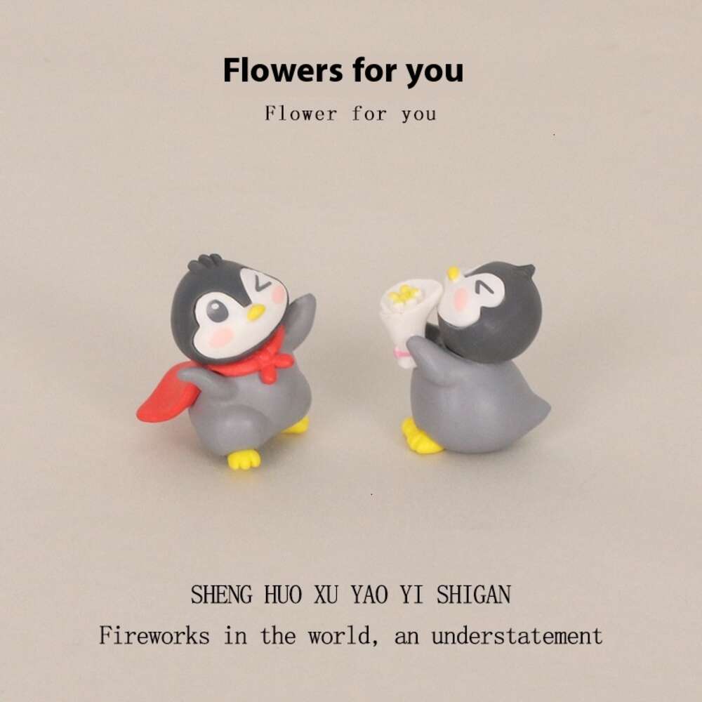 Creative cartoon mini cute funny penguin flower delivery micro landscape scene home car decoration