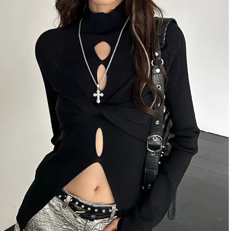 Deeptown Y2k Black Cut Womens Knitted Sweater Hollow Half High Collar Pulled Korean Fashion Ultra Thin Autumn Retro Gyaru 240821
