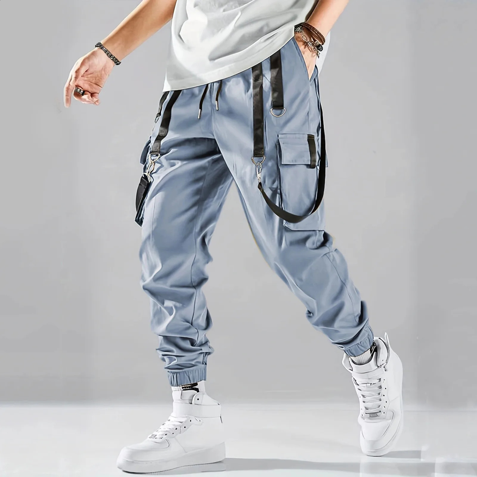 Mens Casual Stretch Pants 2024 Slim Fit Elastic Solid Color Fitness Trousers Multiple Pockets Y2k Street Pant Pantalones Hombre 240821