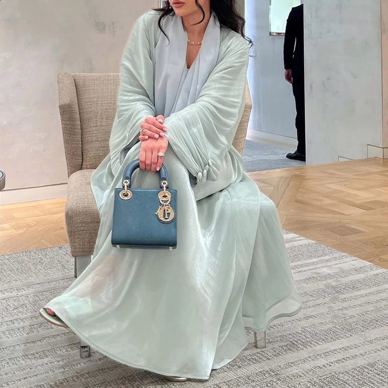 Ramadan Shiny Satin Open Kimono Abaya Chic Dubai Batwing Sleeve Abayas Women Muslim Dress Islamic Clothing Kaftan