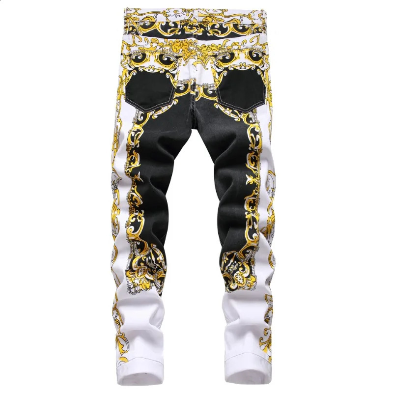 European and American jeans white printed jeans mens elastic color printing pattern personality straight denim trousers 240821