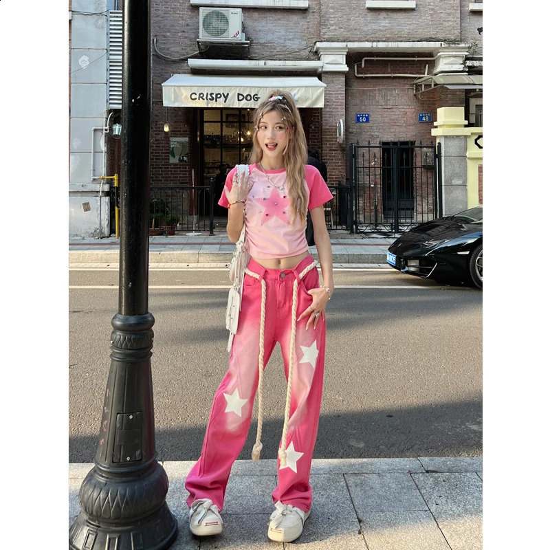 Womens Blue Pink Jeans Baggy High Waist Fashion Straight Denim Trouser Harajuku Vintage Streetwear Y2k Wide Star Jeans Pants 240821
