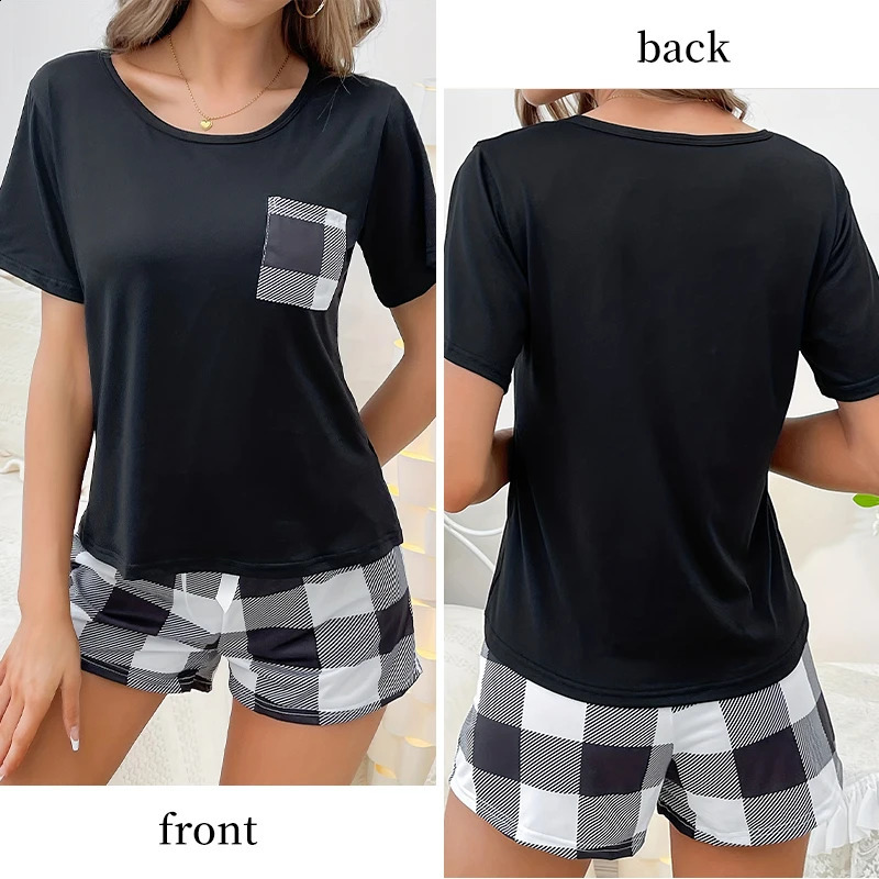 Summer two-piece plain weave pajama set for women with printed round neck top and bow plain weave shorts casual pajama set 240807