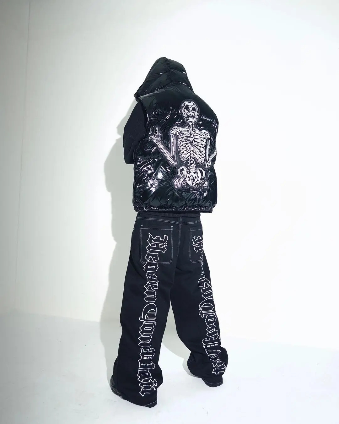 HCW Y2K streetwear fashion hip-hop letter embroidery black pocket jeans mens retro mid waist wide leg straight pants washing 240829