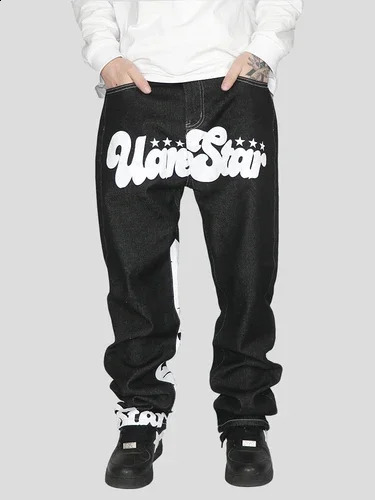 Letter Print Baggy Y2k Mens Jeans Street Retro Hip Hop High Waist Casual Straight Wide Leg Jeans Mens Clothing Pants 240829