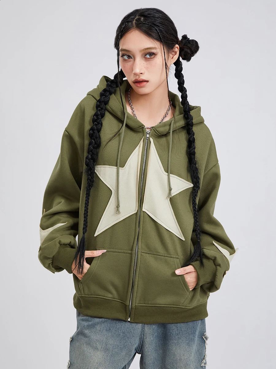 Womens Autumn Casual Hoodie Long Sleeve Star Printed Zipper Drawstring 240821