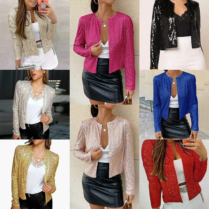Women's 2024 spring round neck long sleeved solid color cardigan casual versatile sequin jacket