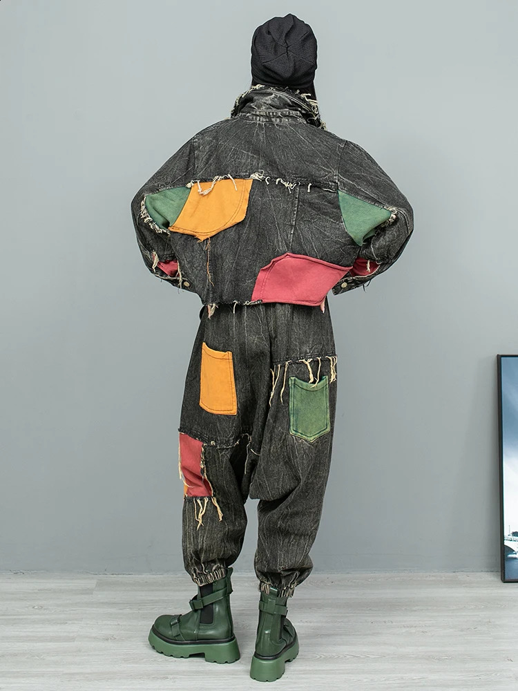 Trendy Cool Patchwork Vintage Denim Suit Women Autumn Loose Fashionable Long Sleeved Jacket Jeans Two Piece Set ZF084 240820