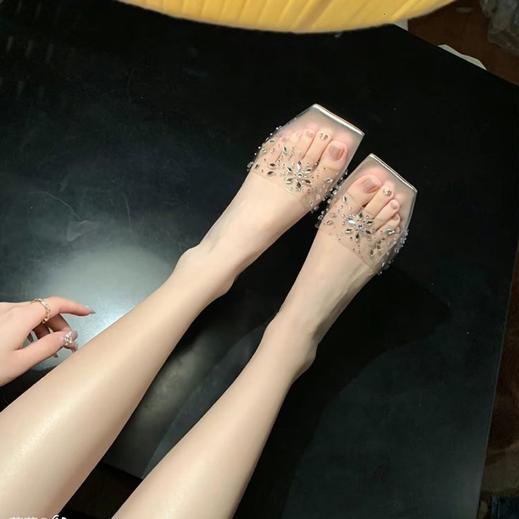 Ddmysports Summer Korean Edition New Transparent Fashionable And Sexy Igh Thick Eels Crystal Women S Cool Slippers OUTDOOR