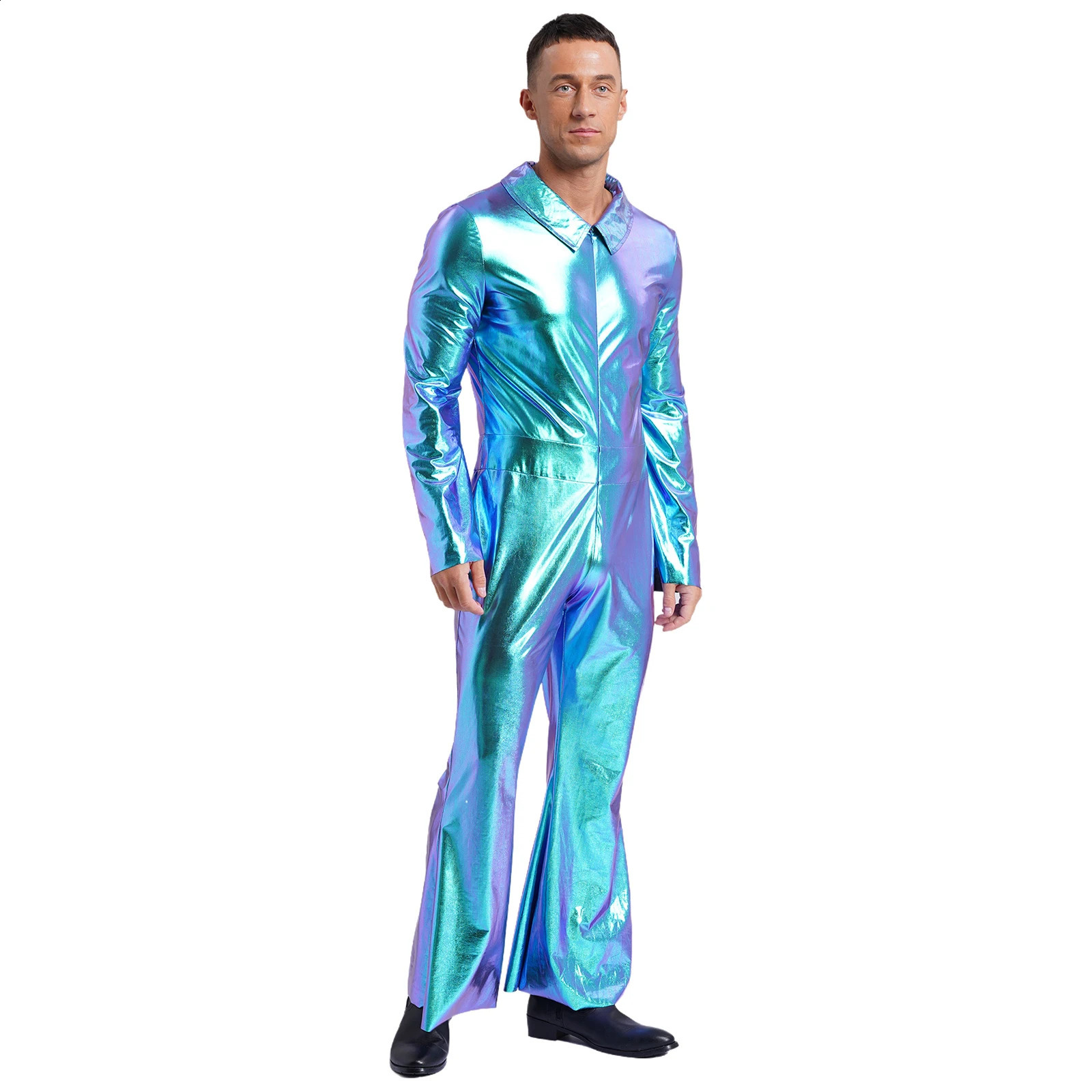 Mens Shiny Metal Disco Set 70s and 80s Hippie Costume Flip Collar Shining Long Sleeve jumpsuit Retro Bell Bottom jumpsuit 240821