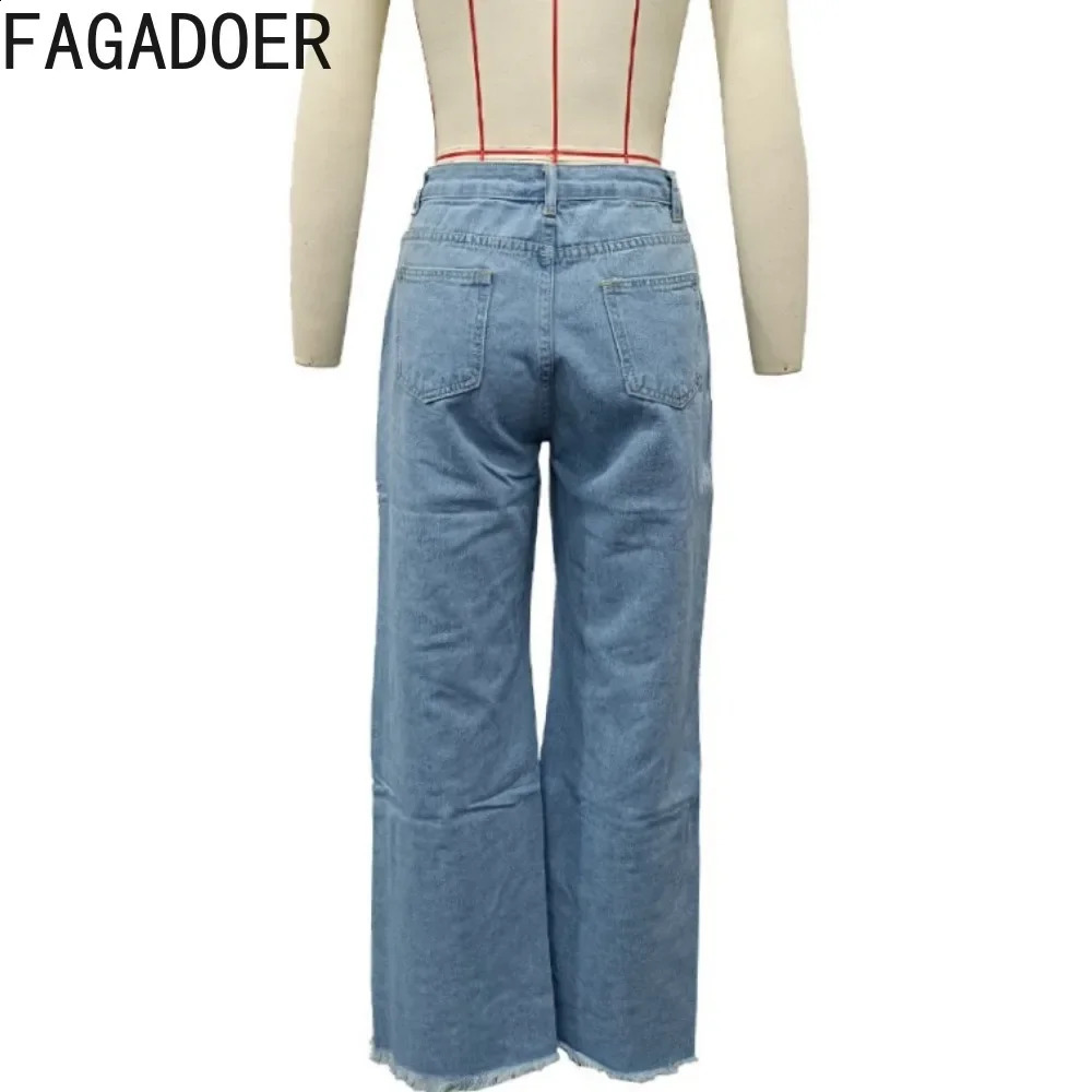FAGADOER Fashion Hole Straight Jeans Pants Women High Waist Button Pocket Loose Denim Trousers Blue Casual Female Cowboy Bottoms 240821
