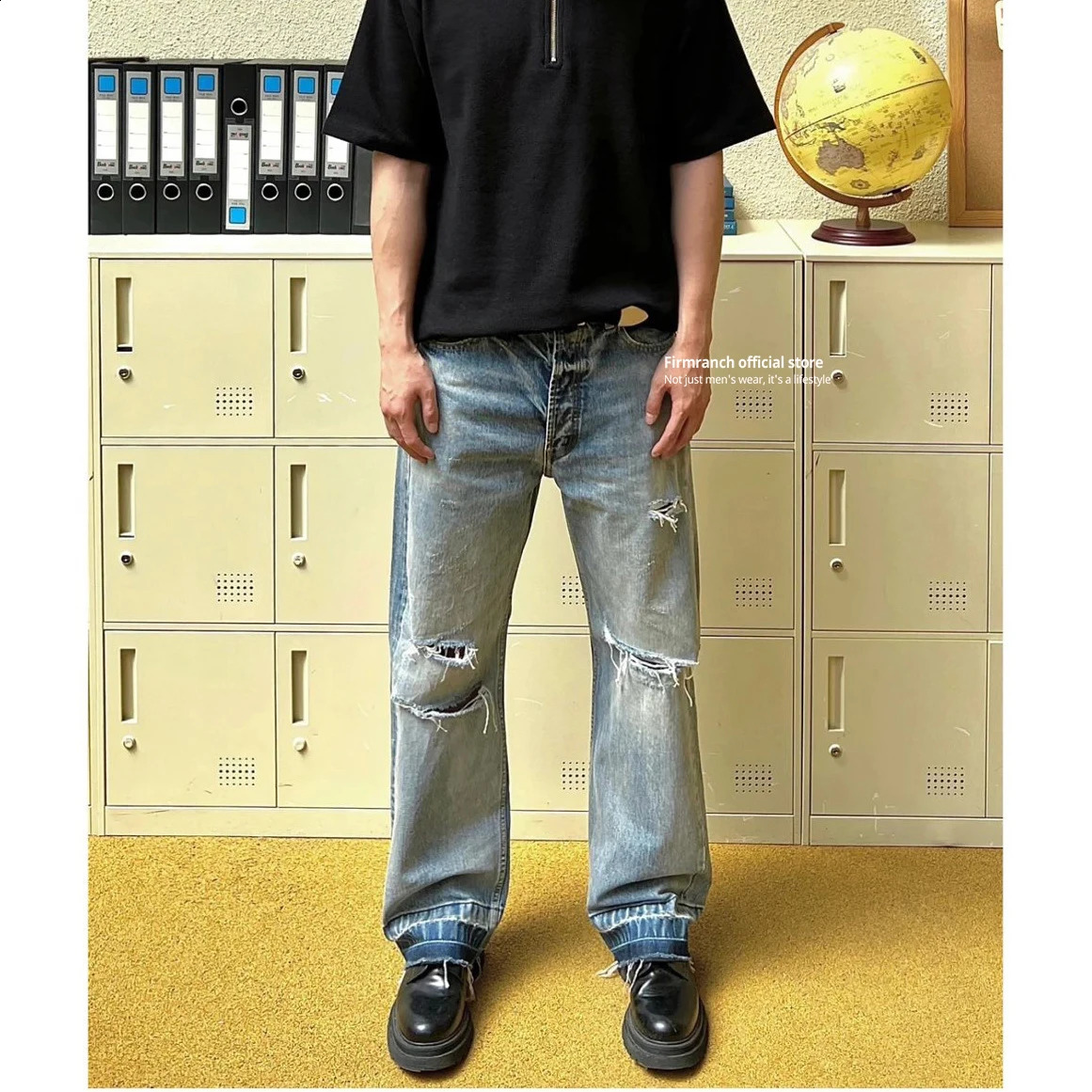 Firmranch Top Wash Blue Ripped Jeans For Men Women Straight Denim Pants Cats Whisker Streetwear Trousers 240821